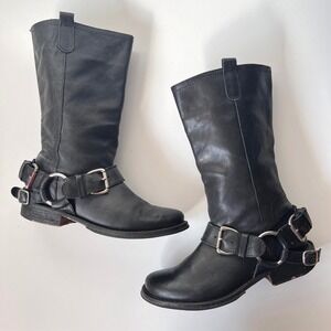 Vintage Y2K Steve Madden Black Leather Harness Moto Boots Mid Calf Engineer 8